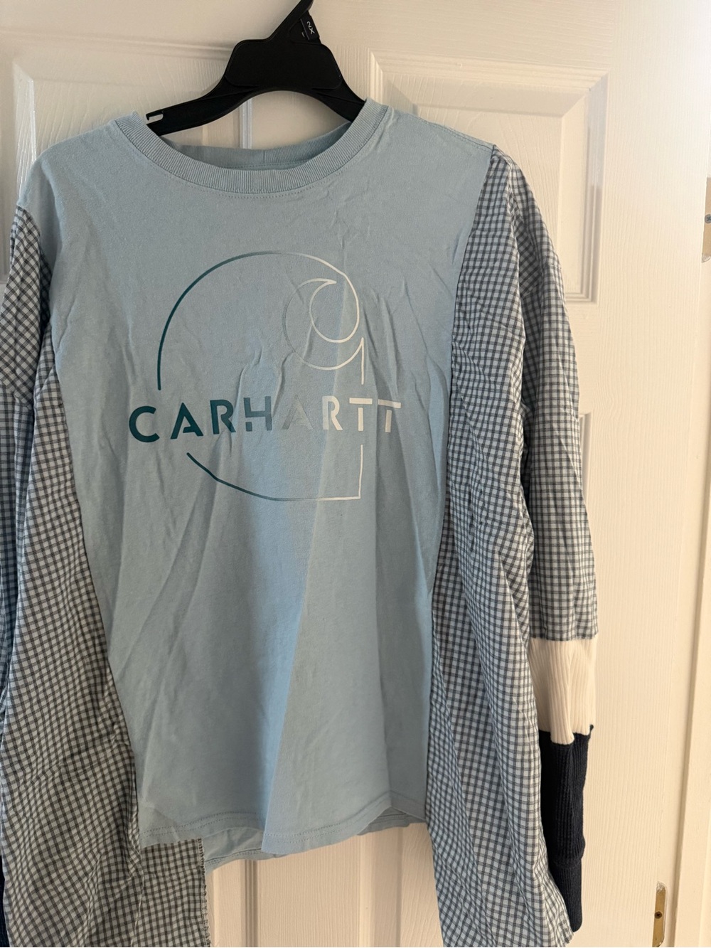 Carhartt Light Blue Logo Long-Sleeve Tee with Patterned Sleeves